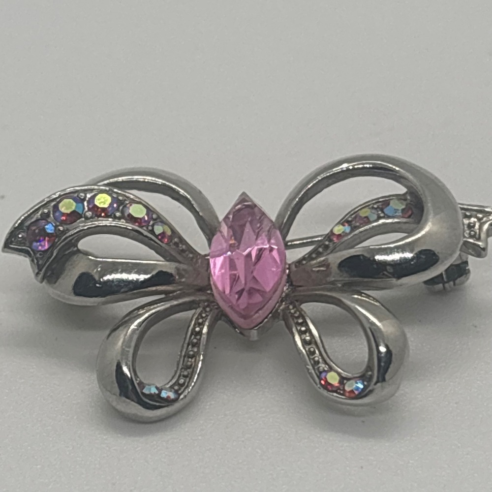 VTG Silver Tone Butterfly Brooch Pink Marquise Rhinestone Aurora Borealis AB Pin